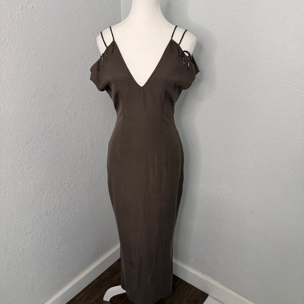 Vintage Minimalist Silk Column Dress Beaded Straps Cold Shoulder 100% Silk
